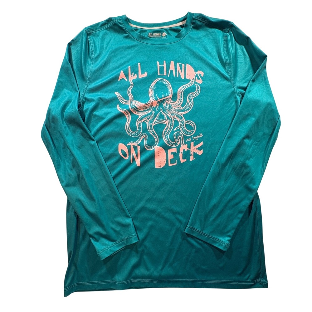 Reel Legends Fishing Shirt Kids XL 16 Teal Long Sleeve Performance Octopus Tee